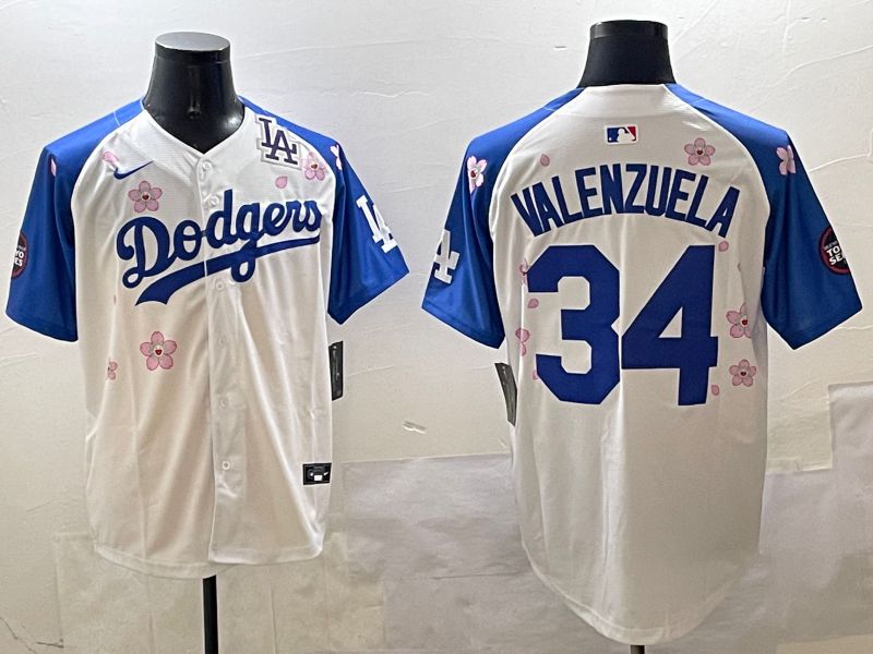 Men Los Angeles Dodgers 34 Valenzuela White Blue Sakura Edition 2025 Nike MLB Jersey style 5
